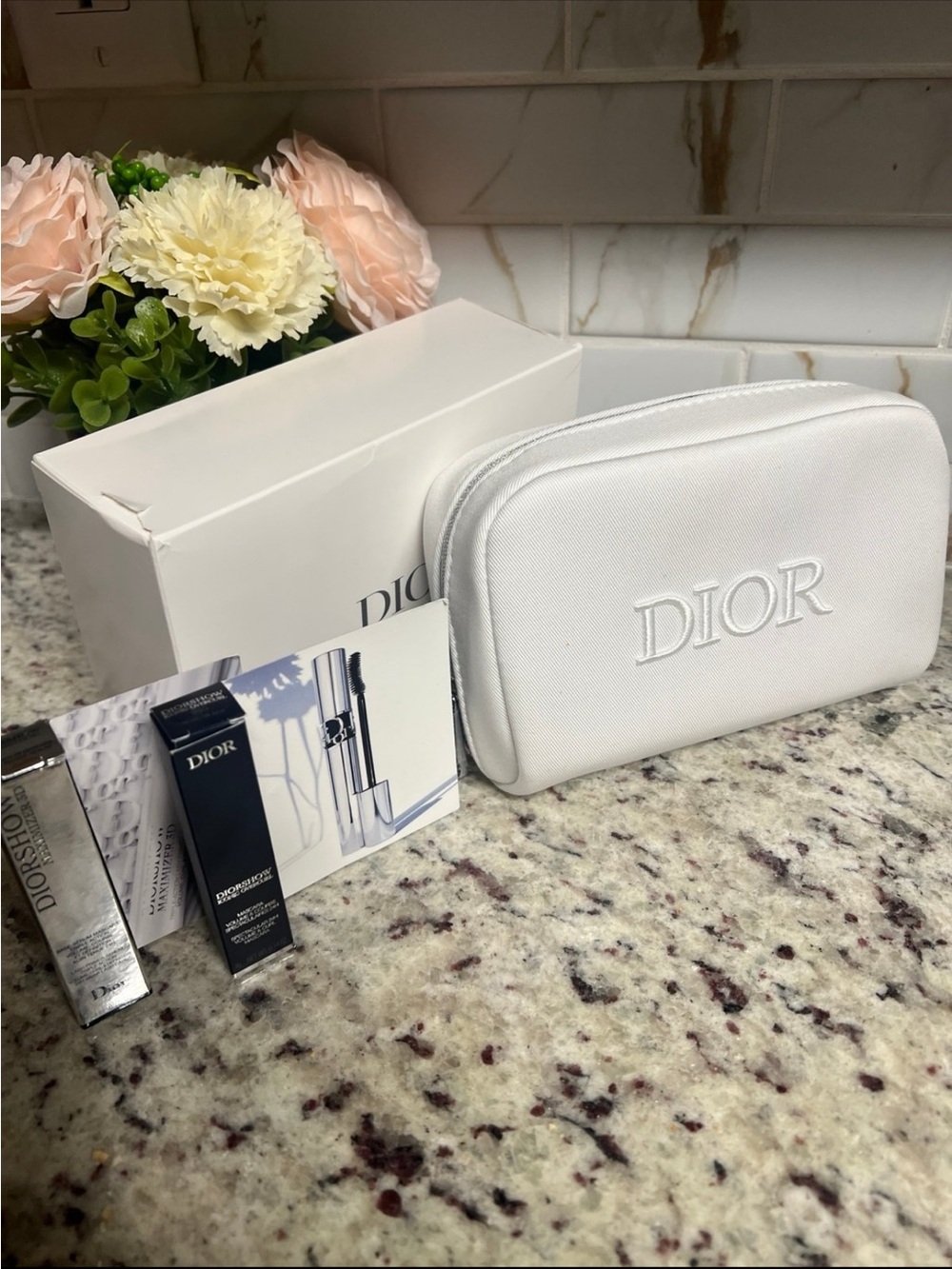 Dior White Embossed Travel Makeup Pouch & Mascara